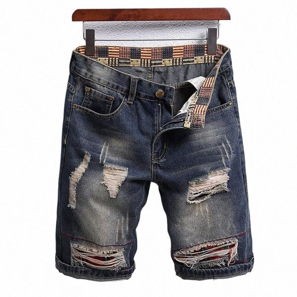 Pantaloncini di jeans con orlo scozzese Pantaloncini di jeans retrò con fori strappati Design patch per uomo Pantaloncini streetwear a gamba dritta a vita media W1Aq #