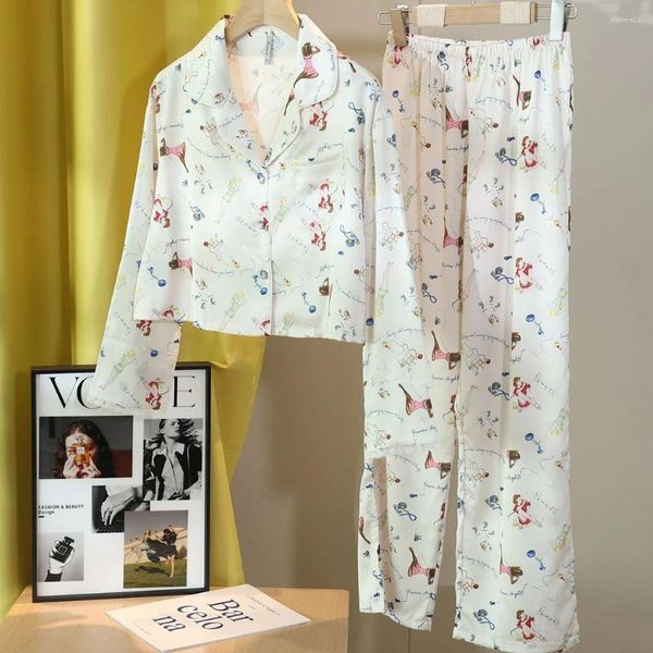 Startseite Kleidung Süße Druckkleidung Langarm-Nachtwäsche Weiblicher Rayon-Pyjama-Anzug 2-teiliger Revers-Knopf-Down-Homewear-Loungewear-Nachtwäsche