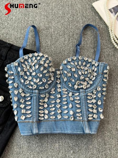 Tank da donna Fashion High Street Sexy Sexy Tube Top Top Diamond Denim Vestrella 2024 Summer Outer Wear Sling Sleeveless Fish Weds