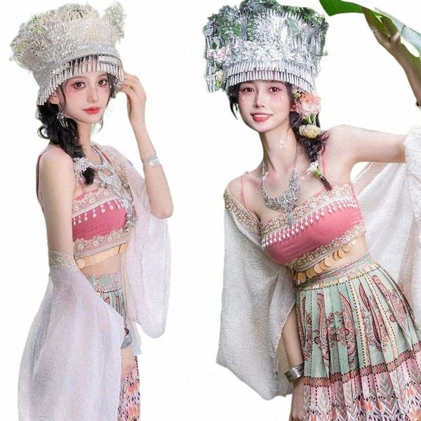 Miao Одежда Фотография Стиль меньшинств Miao' S Girl Экзотическая юбка Hanfu Костюм 47Jv#