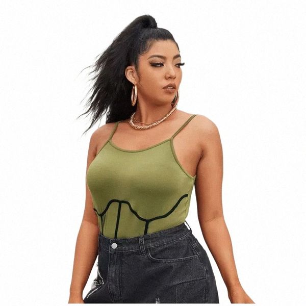 Plus Size Sexy Summer Corset Detalhe Crop Tops Mulheres Ctrast Cor Bloqueada Slim Strap Cami Top Feminino Tamanho Grande Cami Tanque 7XL f4Kr #