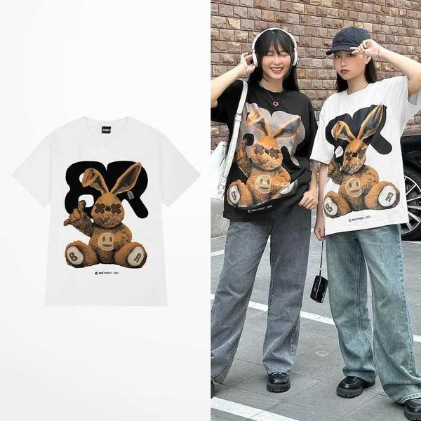 Herren-T-Shirts, Ins-Stil, Retro-koreanische Mode, Straßenkleidung, T-Shirt, Street-Cartoon-Kaninchen-Druck, grünes T-Shirt, Herren-T-Shirt aus 100 % reiner Baumwolle, weißes kurzes T-Shirt J240322