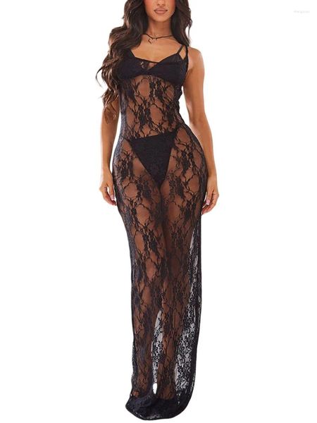 Vestidos casuais mulheres verão sexy sheer lace boydcon midi vestido ver através de mangas clubwear festa praia longa