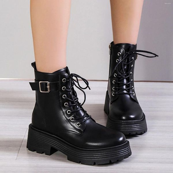 Botas longas para mulheres dedo do pé redondo grosso salto estilo britânico lado zíper fivela de cinto curto botines para mujeres