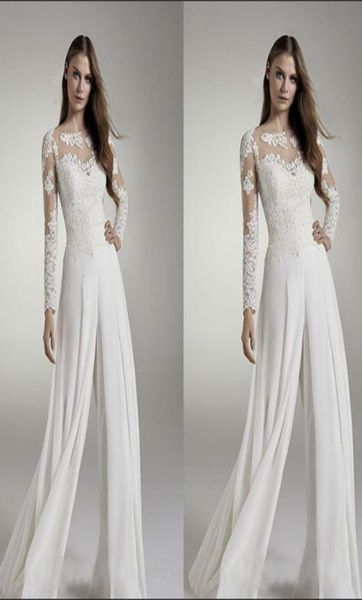 Hochzeit Braut Jumpsuits Jewel Sheer Neck Applique Chiffon Hosenanzüge 2019 Spitze Lange Ärmel Brautkleider5178911