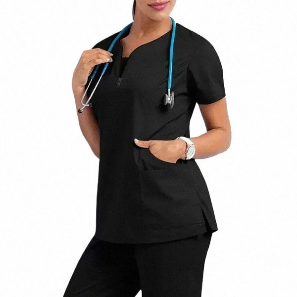 Trabalhando Hospital Médico Médico Uniforme de Enfermagem com decote em V Jogger Enfermeira Mulheres Casual Manga Curta Vestuário Top Phcy U87x #