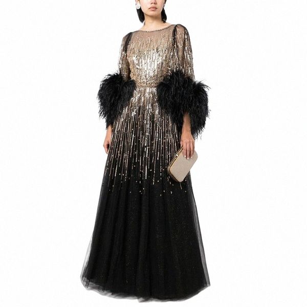 Shar ha detto lussuoso Dubai Feathers Black Evening Dres for Women Elegant Fuchsia Arabic Arabo Micirma Dai di matrimonio SS339 X3YG#