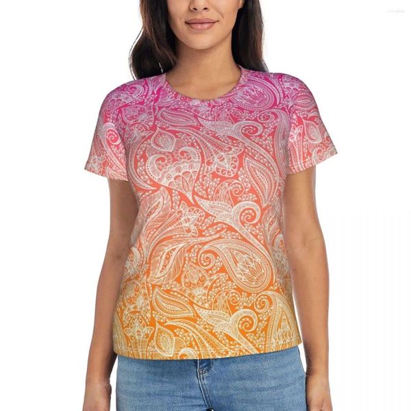 Damen T-Shirts Weibliches Hemd Sommer Orange T-Shirt Weißer Paisley-Druck Y2K Retro T-Shirts Kurzarm Streetwear Übergröße Kleidung