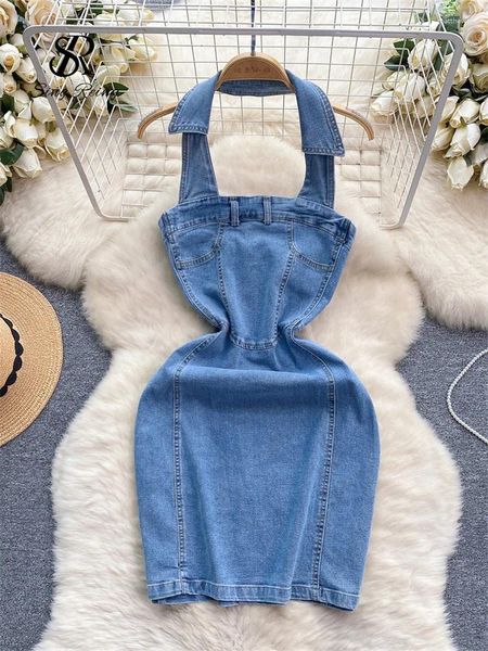 Abiti casual SINGREINY Chic Retro Dolce Abito in denim Donna di alta qualità Senza maniche Beachwear Vacanza Y2K Backless Slim Halter Sexy