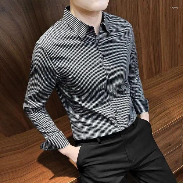 Camisas de vestido masculinas 2024 moda primavera outono manga longa xadrez roupas masculinas negócios casual masculino fino ajuste blusas formais h657