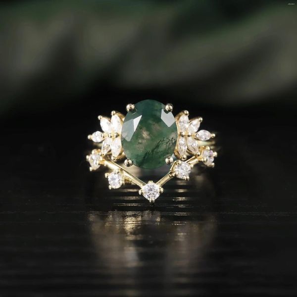 Anéis de cluster Gem's Ballet Vintage Verde Musgo Ágata Art Deco Anel de Promessa Único Curvo Conjunto de Banda de Casamento 925 Prata Esterlina