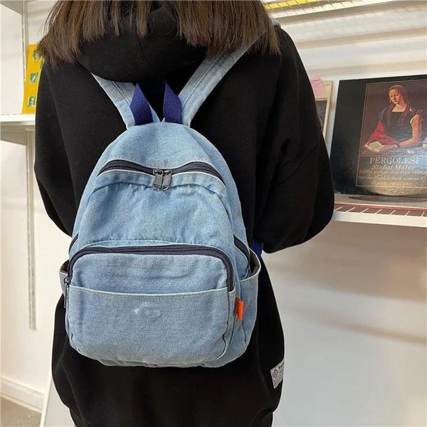 Okul Çantaları Yıkanmış Denim Moda Sırt Çantaları Kadınlar için 2024 Son Trend Öğrenci Çantası Çok Cepleri Büyük Kapasite Mavi Sırtı Mochila