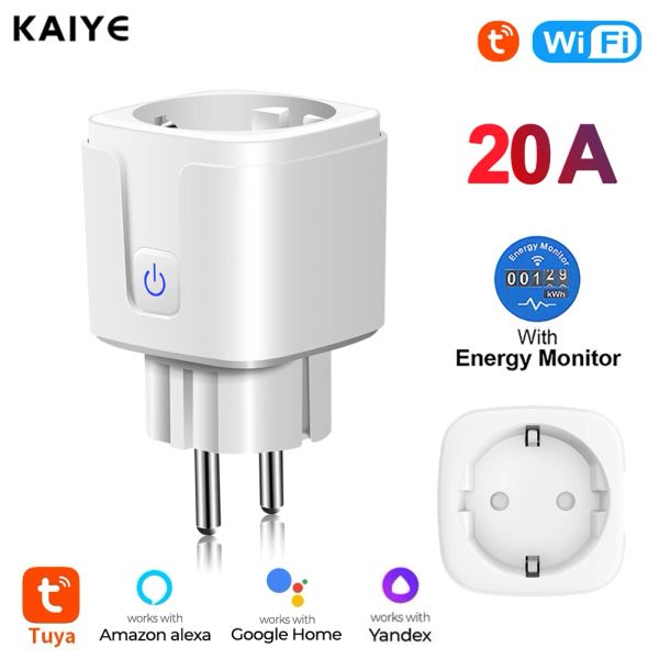 Controle tuya wifi tomada inteligente 20a ue tomada inteligente com monitor de energia função temporizador controle remoto suporta alexa google assistente