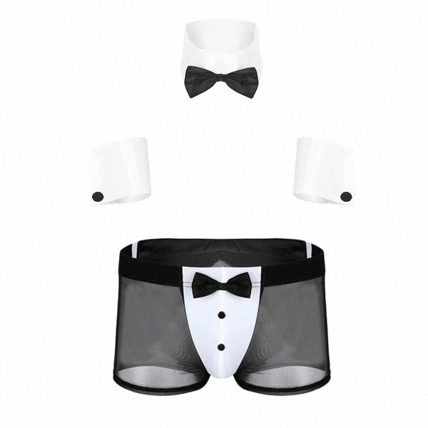 Männer Cosplay Sexy Dessous Set Kellner Bühne Tänzerin Kostüme Sexy Leder Crotchl Unterwäsche Rolle Spielen Uniformen Nachtclub Outfit A8U7 #