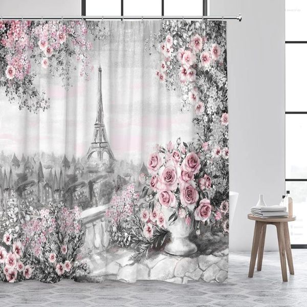 Duschvorhänge Vintage Paris Turm rosa Blumen botanische Stadt Tinte Kunst Landschaft Bad Vorhang Set Stoff Badezimmer Badewanne Dekor