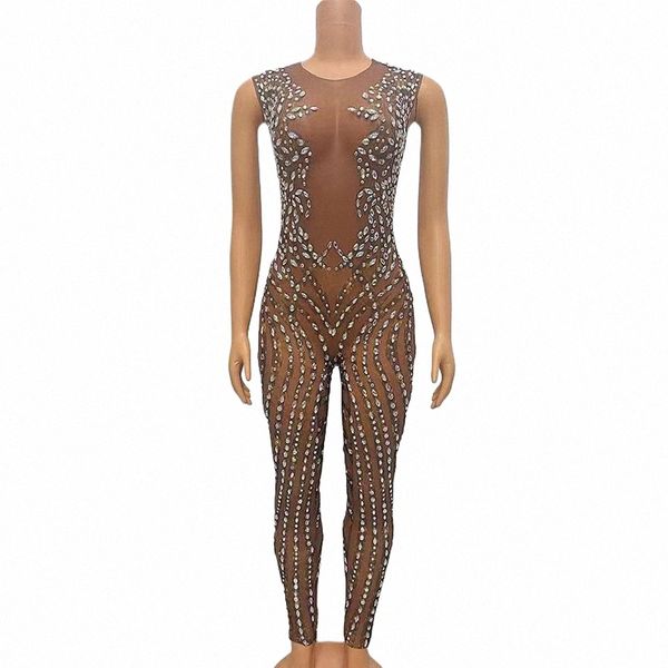 Sexy Brown Mesh Transparent Jumpsuit Skinny Leggings Dance Wear Bodysuit Oberbekleidung Stes Hollow Jumpsuit Performance Outfit k7Iq #