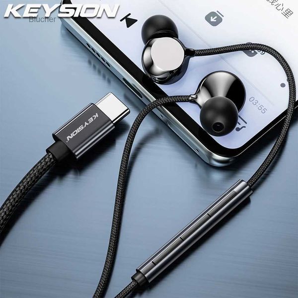 Fones de ouvido para telefone celular KEYSION Tipo-C Fone de ouvido com fio de cerâmica HiFi Bass Estéreo Música Fones de ouvido intra-auriculares Microfone USB C Fones de ouvido para iPhone 15 Samsung XiaomiL2403