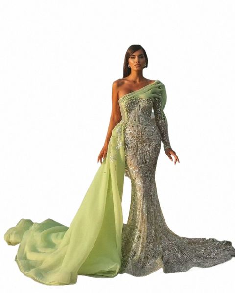 verde una spalla sirena abiti da sera con laterale organza trail arabo scintillante perle di classe femminile abiti da festa di nozze d2bS #