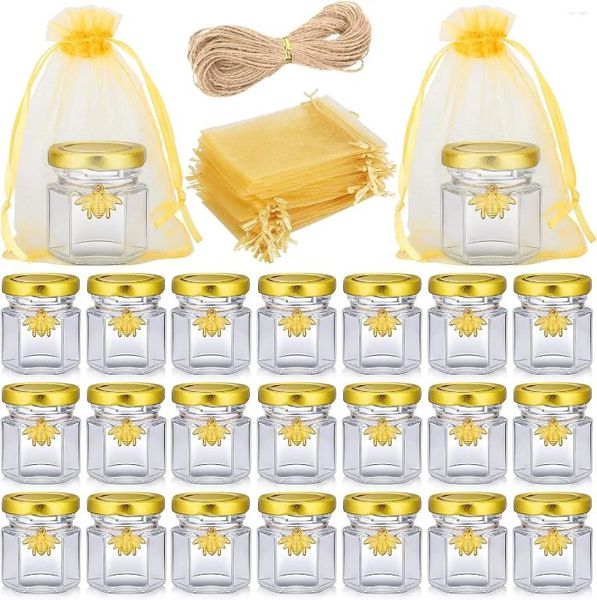 Bottiglie di stoccaggio 20 pezzi 1,5 Oz Mini vasetti di miele in vetro esagonale Coperchi dorati Occhiali per conserve per baby shower Bomboniere