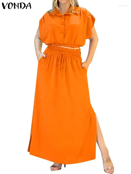 Vestidos de trabalho vonda verão maxi vestido define 2024 mulheres casual sólido manga curta moda tops e cintura elástica saia longa botão combinando