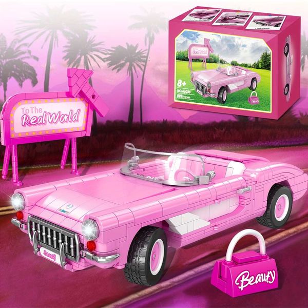 Blocos de brinquedos para crianças, tampa aberta rosa com placa de trânsito e bolsa de princesa, modelo de carro conversível, kit de construção DIY de carros modelo colecionáveis (898 unidades)