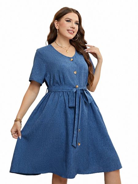 Plus Size V Neck Frt Butt Mulheres Dr Cordão Cinto Robe Vestido de Cor Sólida A Linha de Mangas Curtas Dres Casual Lady Pano y7wl #