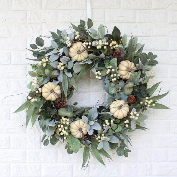 Flores decorativas ficar sozinho outono branco abóbora grinalda decoração para casa simulação porta pendurado para férias grinaldas em massa