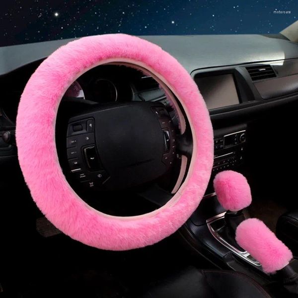 Capas de volante 1 conjunto capa de carro protetor de freio de mão decoração quente super grosso colar de pelúcia macio preto rosa mulheres