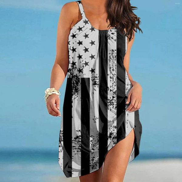 Vestidos casuais verão vestido sem mangas boho praia festa noite solta EUA bandeira mulheres moda férias cinta sundress americano