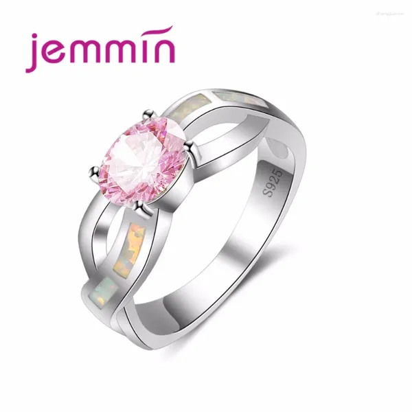 Anéis de cluster oval rosa cristal austríaco para mulheres oco opala fina 925 prata esterlina romântico casamento noivado colorfu