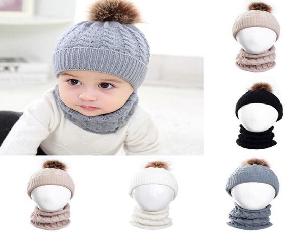 Crianças chapéus cachecol conjunto para meninas meninos gorros boné de malha crochê inverno pele pom pom chapéu pescoço mais quente anel cachecóis cap3176416