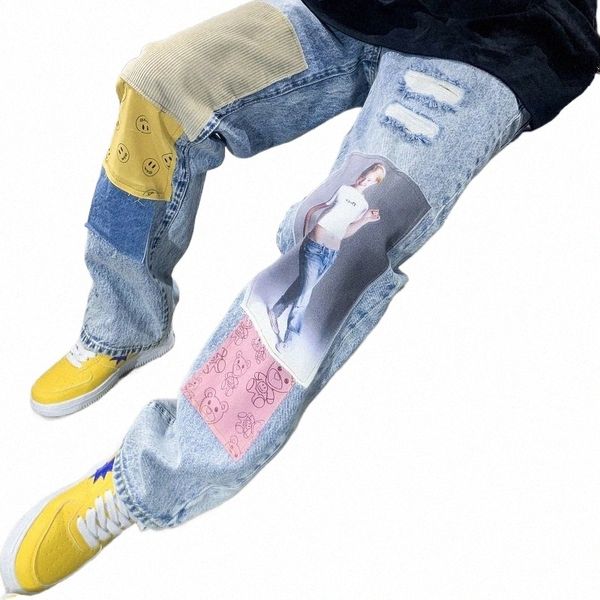 Y2k Jeans Patch Design Hosen Männer Lose gebrochene Jeans Koreanische Farbe Ctrast Mann Hose Unisex High Street Denim Hosen 2023 FIO 13Zt #