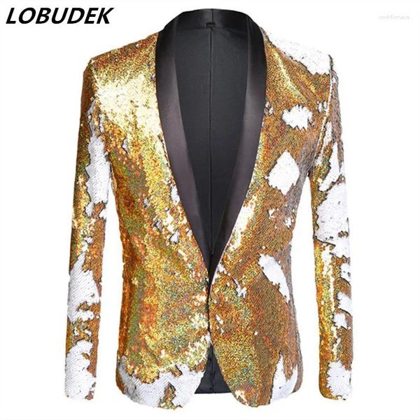 Abiti da uomo Taglie forti Collo a scialle Doppio colore Paillettes Blazer Bar Festa serale Palcoscenico Oro lucido Giacche da spettacolo Abbigliamento da spettacolo