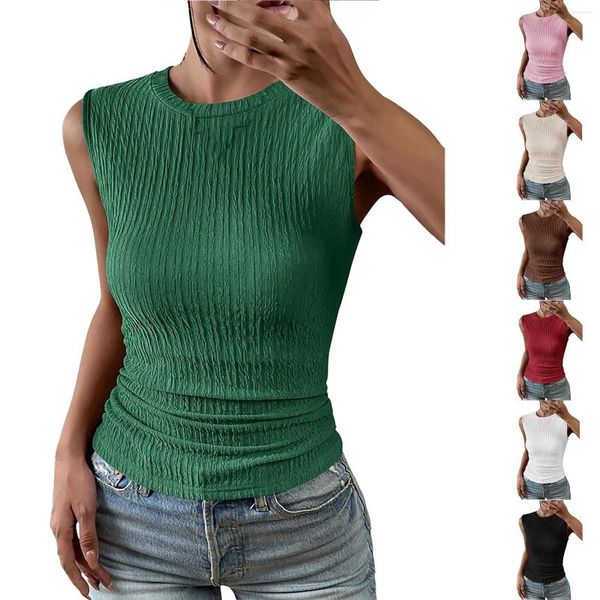 Blusas femininas cor sólida gola alta sem mangas magro regata verão casual camisas de malha com nervuras banda feminina volta