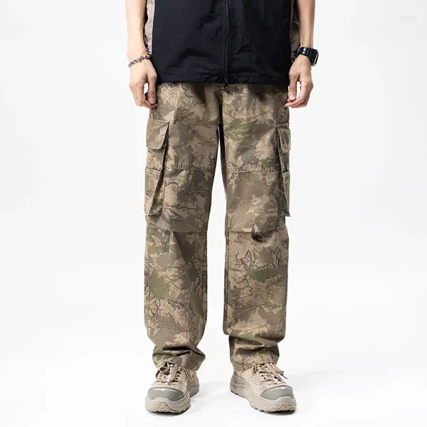 Calças masculinas deserto camuflagem macacão 2024 solto moda reta high-end rua estilo coreano versátil casual