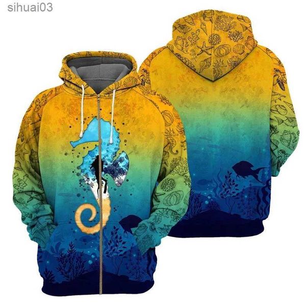 Moletons masculinos Moletons Inverno 3D Esportes Mergulho Impressão Mens Zipper Hoodie Moda e Engraçado Roupas de Rua Cool Fitness Casal ClothingL2403