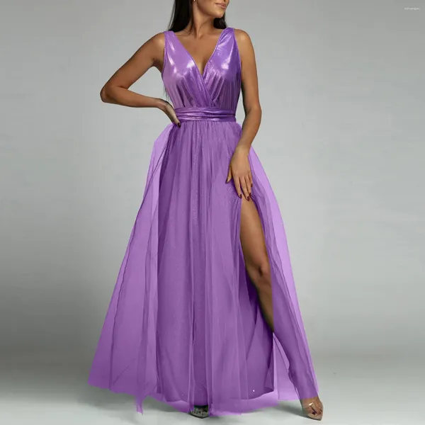 Lässige Kleider Sexy tiefes V-Maxikleid mit hohem Schlitz, ärmellos, Abendparty, Abschlussball, lange Eleganz, helle Oberfläche, A-Linie, plissiert, schlank, Vestidos