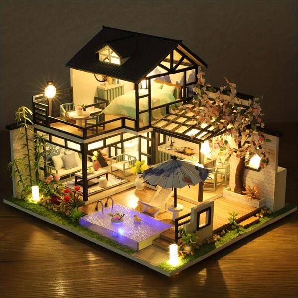 Modellbau-Montagehaus, Puppenhaus, Miniatur-Hausbausatz, kreative Zimmer-Schlafzimmer-Dekoration mit Möbeln, DIY handgefertigtes 3D-Puzzle-Spielzeug, Geschenk, geeignet für