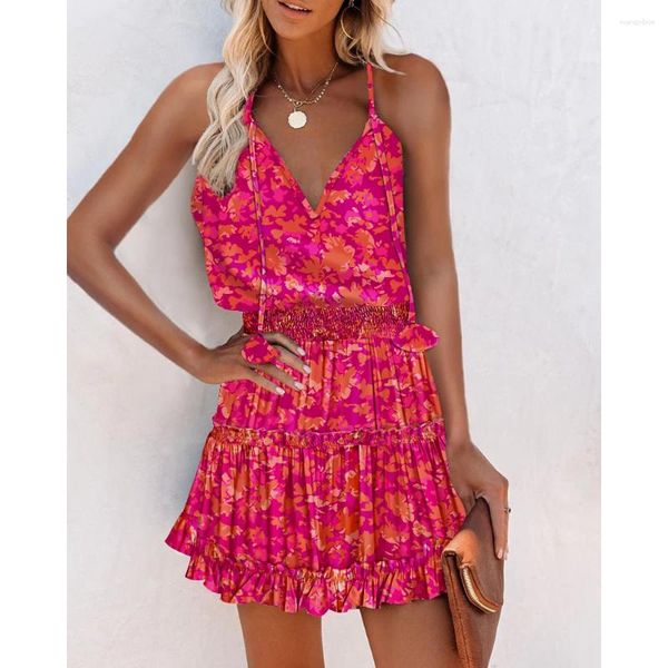 Vestidos casuais mulheres v pescoço floral impressão plissado hem shirred cami vestido verão sem mangas rosa sundress altura cintura férias sexy vestes