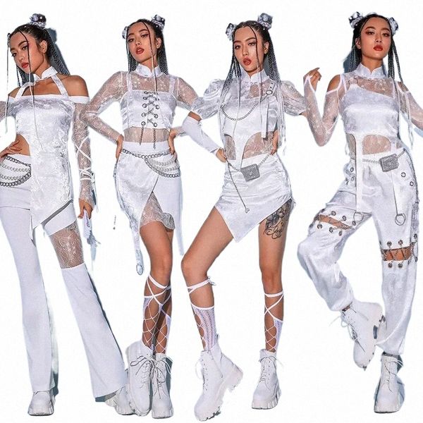 Джазовый танцевальный костюм Женский сексуальный белый кружевной наряд для танцора Одежда в стиле хип-хоп Корейская певица Сценический костюм Rave Wear y5AZ #