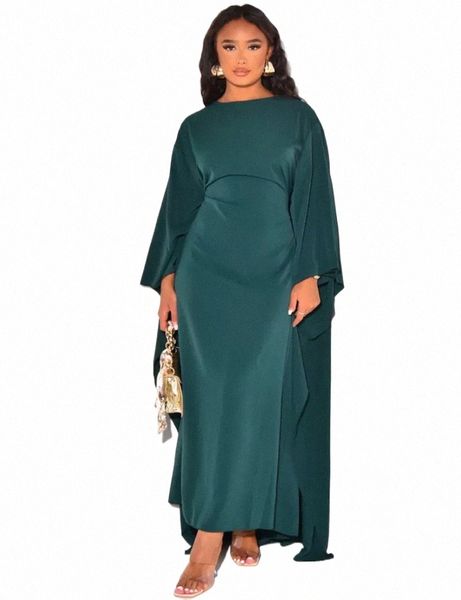 Autunno Fi Satin Party Dr Robe Abaya Musulmano Donna Elegante Solido Girocollo Maniche a pipistrello Allentato Maxi Dr Women V6OL #