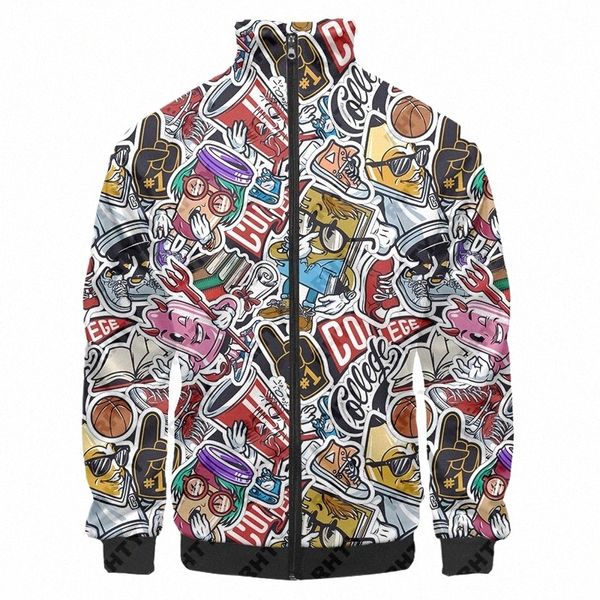 наклейки Граффити Карто Красочный костюм Униформа Мужские куртки с воротником-стойкой на молнии 3D-принт Бейсбольные куртки Harajuku Пальто r3XT #