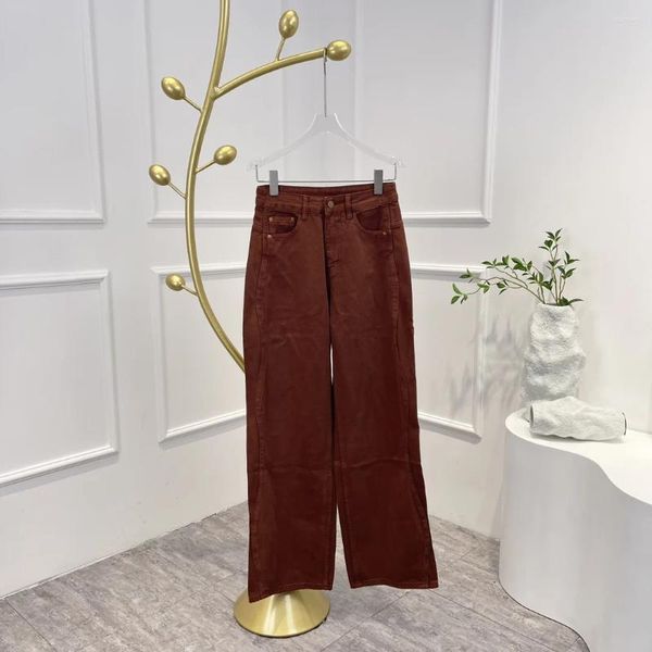 Jeans femininos 2024 tijolo-vermelho algodão casual primavera verão outono inverno mulheres largas calças de perna