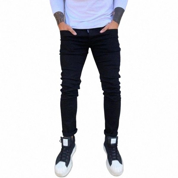 Primavera outono novo preto estiramento jeans masculino magro pés pequenos casual simples cor sólida masculino magro denim calças streetwear x9na #