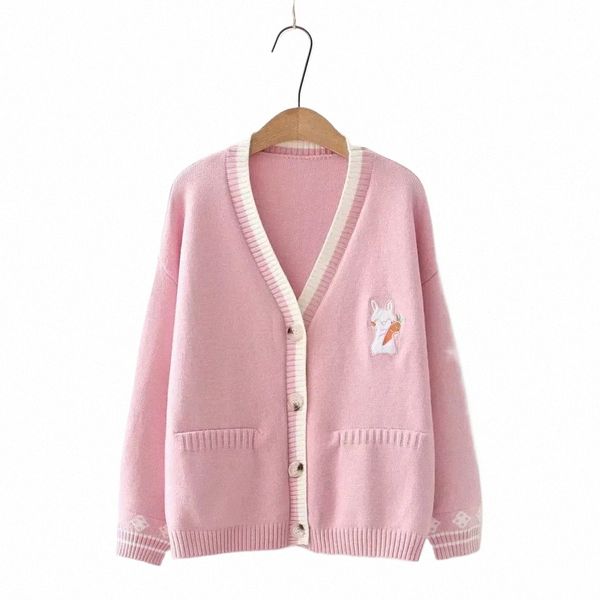 Весенний милый свитер Carto, женский кардиган с вышивкой кролика, женский свитер, пальто, горячая распродажа, трикотаж с v-образным вырезом, корейские топы V5SK #