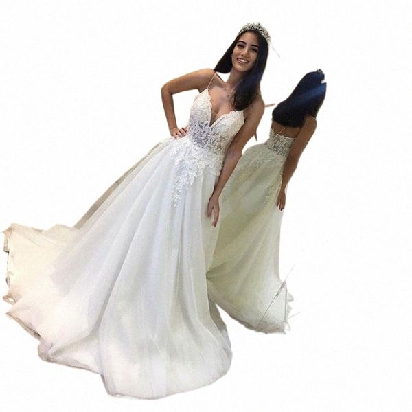 2024 Uma Linha vestido de novia Illusi Corset Sexy V Neck Lace Wedding Dres Spaghetti Straps Apliques Vestidos de Noiva Casamento 29Ud #