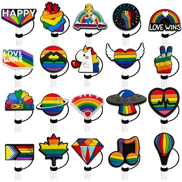 LGBT arco-íris amor silicone palha toppers acessórios capa encantos reutilizáveis à prova de respingos bebendo poeira plug decorativo 8mm/10mm festa de palha