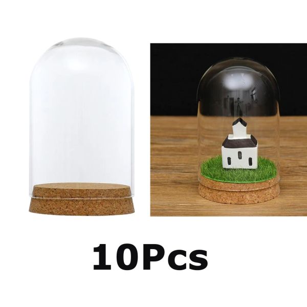 Vazolar 10pcs 8x12cm Masaüstü Cam Kubbesi Kapak Gölge Kalkanı Cloche Bell Kavanoz Peyzaj Teraryumları Ahşap Cork, Kuru Çiçek Vazo