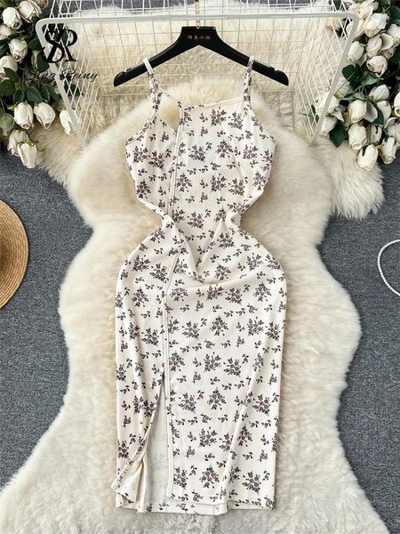 Casual Kleider SINGREINY Frauen Strap Süße Blumen Kleid Koreanische Stil Aushöhlen Diagonal Kragen Ärmel Split Vintage Romantische Sexy