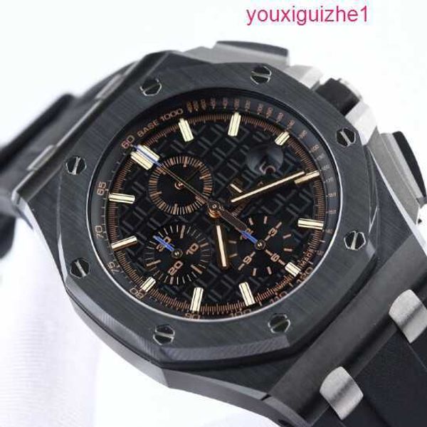 Top AP Relógio de Pulso Royal Oak Offshore Modelo 26405 Máquina Automática de Cerâmica Preta Masculino Mostrador Preto Azul Agulha Mostrador 44mm Conjunto Completo